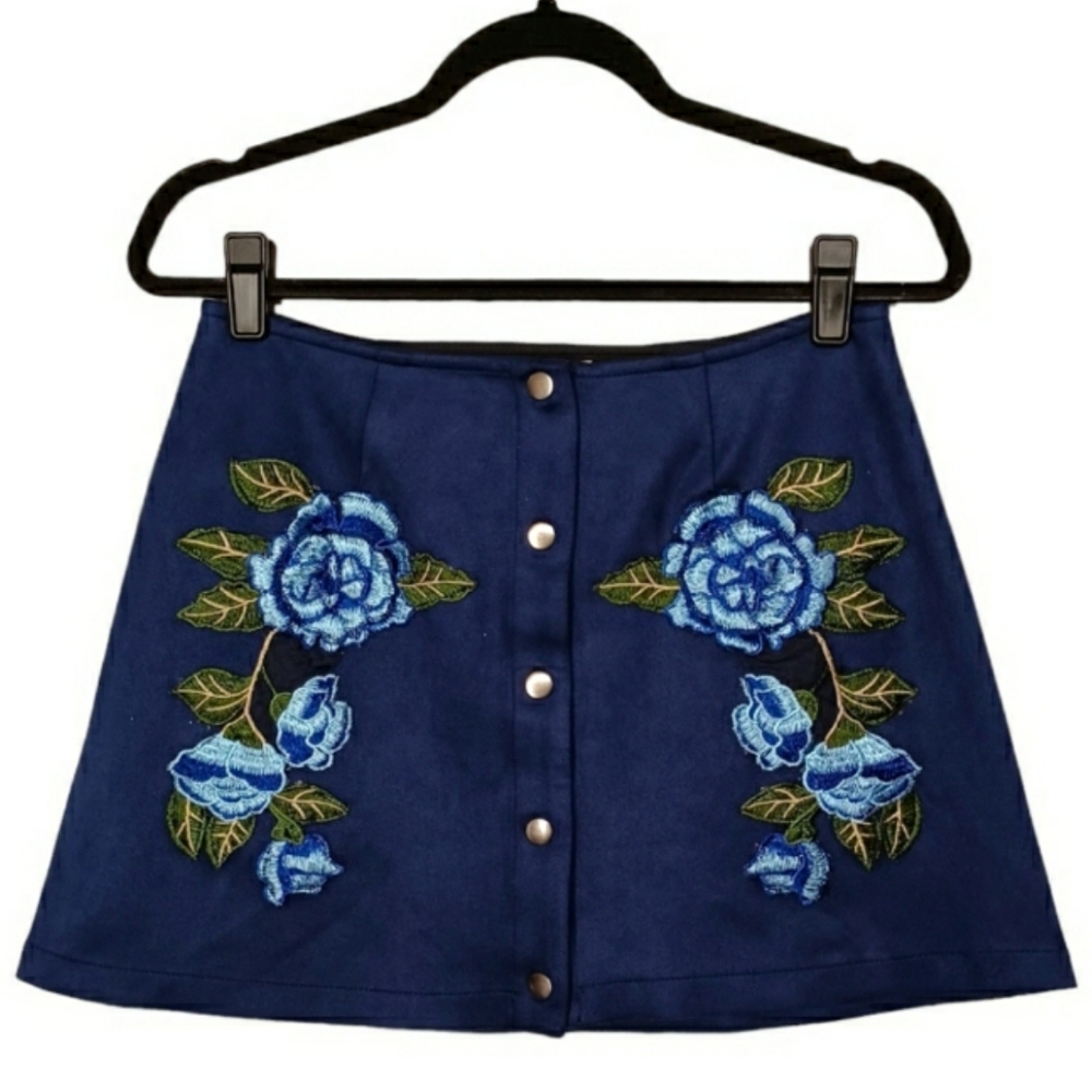 JACK BY BB DAKOTA Suede Blue Rose Floral Mini A-Line Button Front Small Skirt